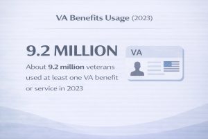 Infographic titled “VA Benefits Usage (2023)” stating that about 9.2 million veterans used at least one VA benefit or service in 2023, alongside an illustration of a VA ID card.