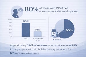 Infographic stating that 80% of individuals with PTSD have one or more additional diagnoses, with charts showing 14% of veterans reported at least one substance use disorder in the past year and that alcohol is the primary substance for 65% of those in treatment.