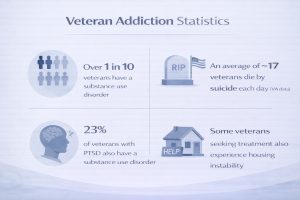Infographic showing veteran addiction statistics, including substance use rates, suicide risk, PTSD overlap, and housing instability.
